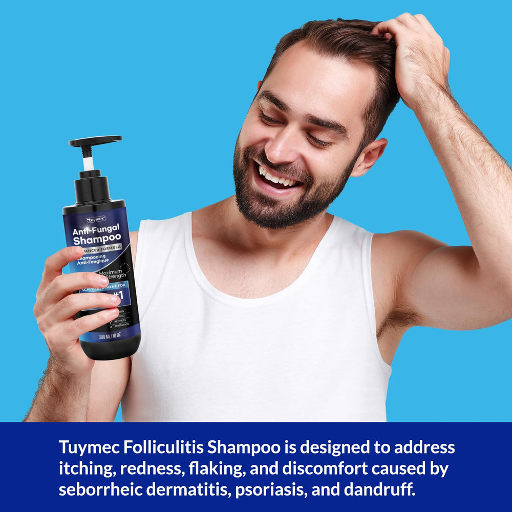 Tuymec psoriasis shampoo close-up on hair showing healthy shine and clean scalp