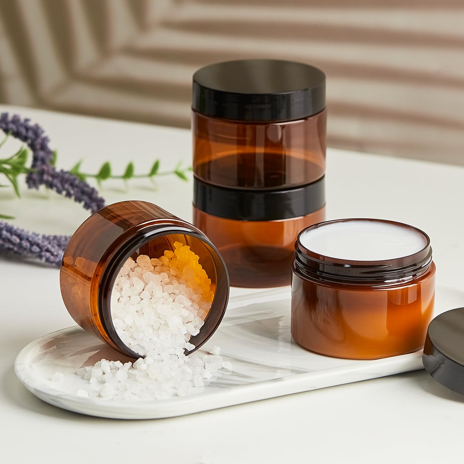 TUZAZO amber jar shows foam-seal lid keeping creams secure