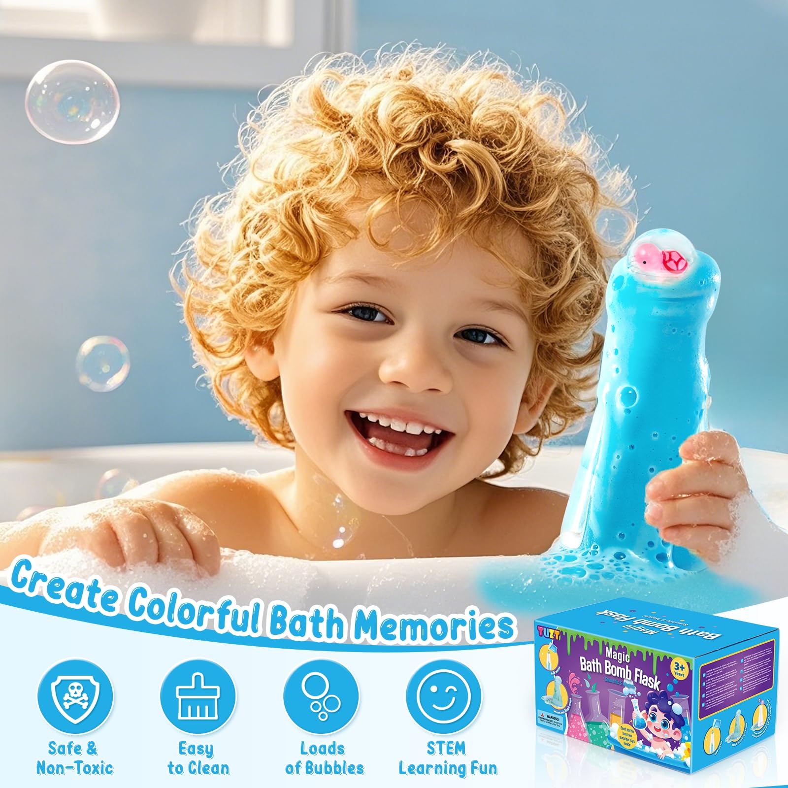 TUZT Bath time fizz with colorful bubbles enhances imaginative play and sensory delight.