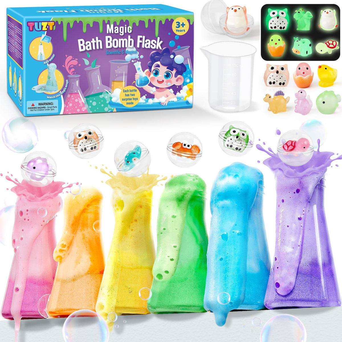 TUZT Kids Bath Bombs Kit Packaging demonstrates a colorful bath time setup for imaginative play.