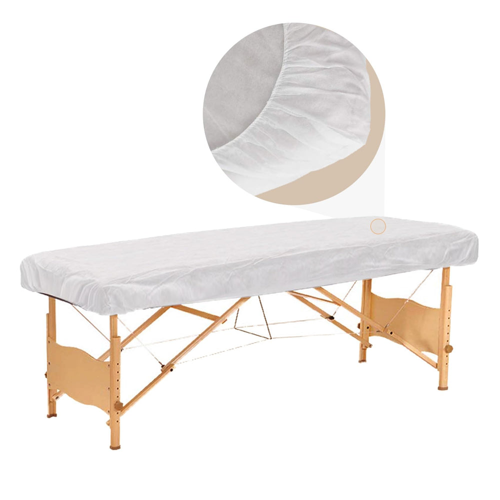 Tvvcalk disposable fitted sheets with elastic wrap provide secure massage table fit.