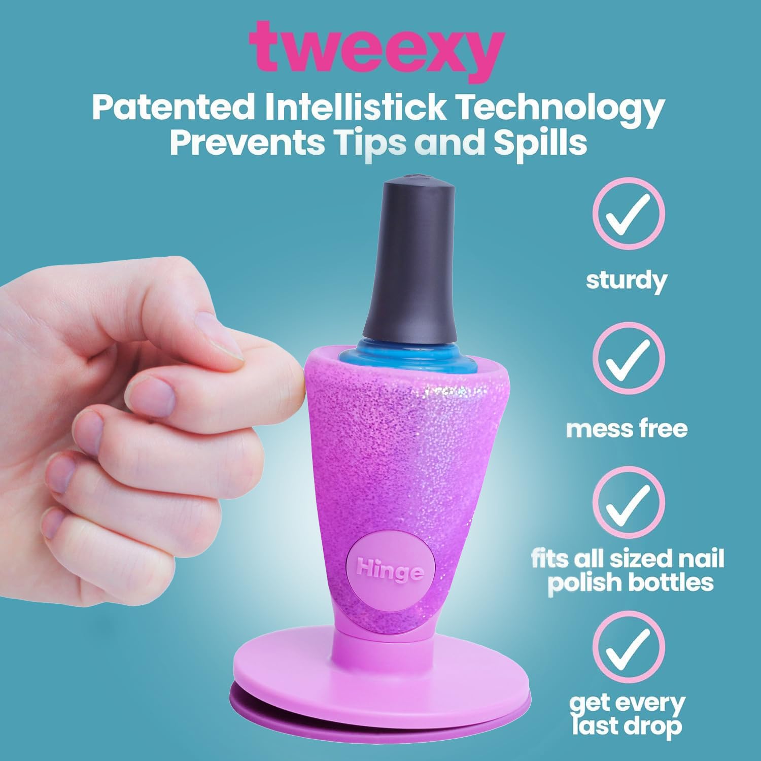 Tweexy Hinge secure-fit design fits most polish bottles for a mess-free workspace.