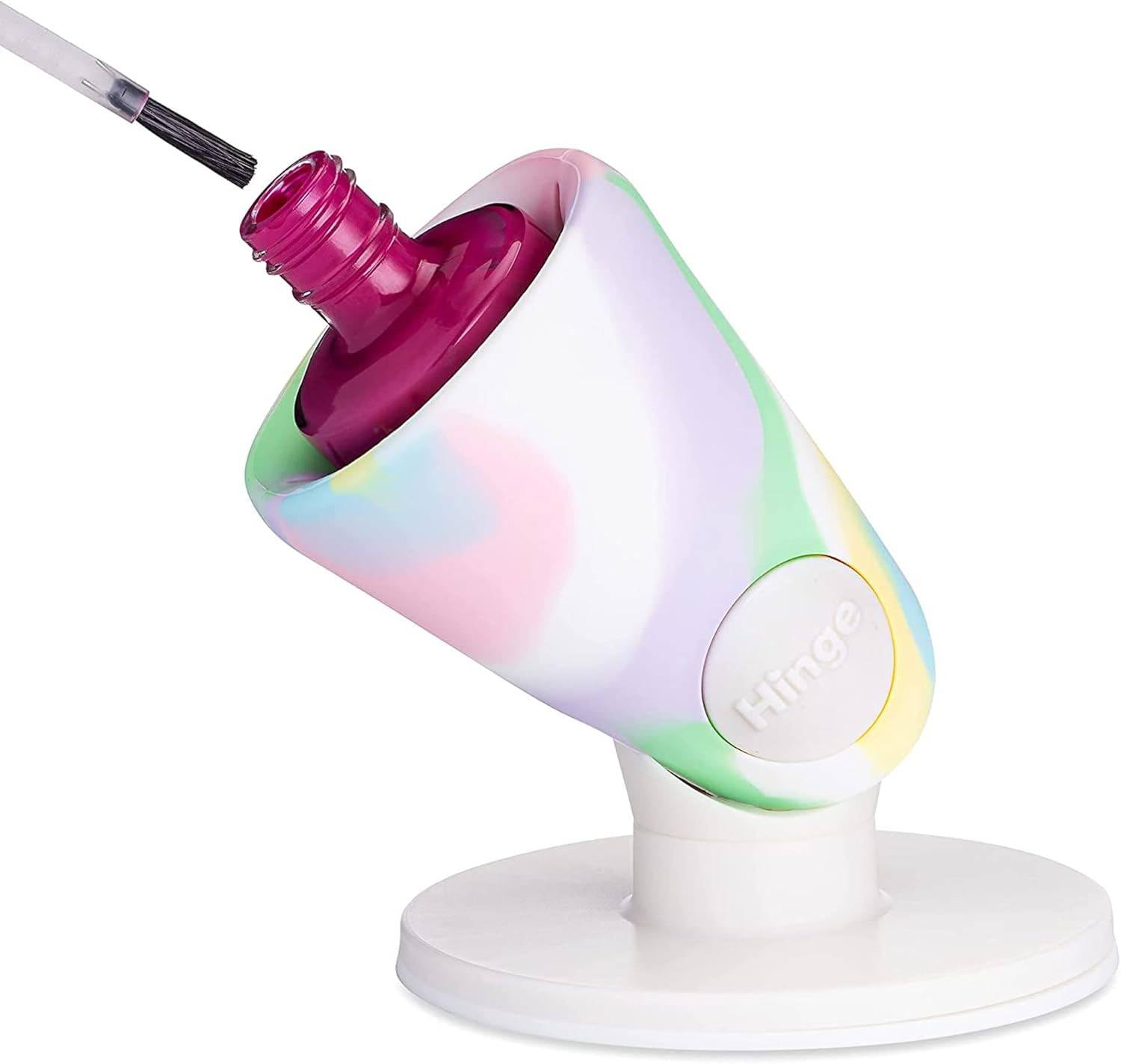 Tweexy Hinge Untippable bottle stand secures polish, reducing spills during application.