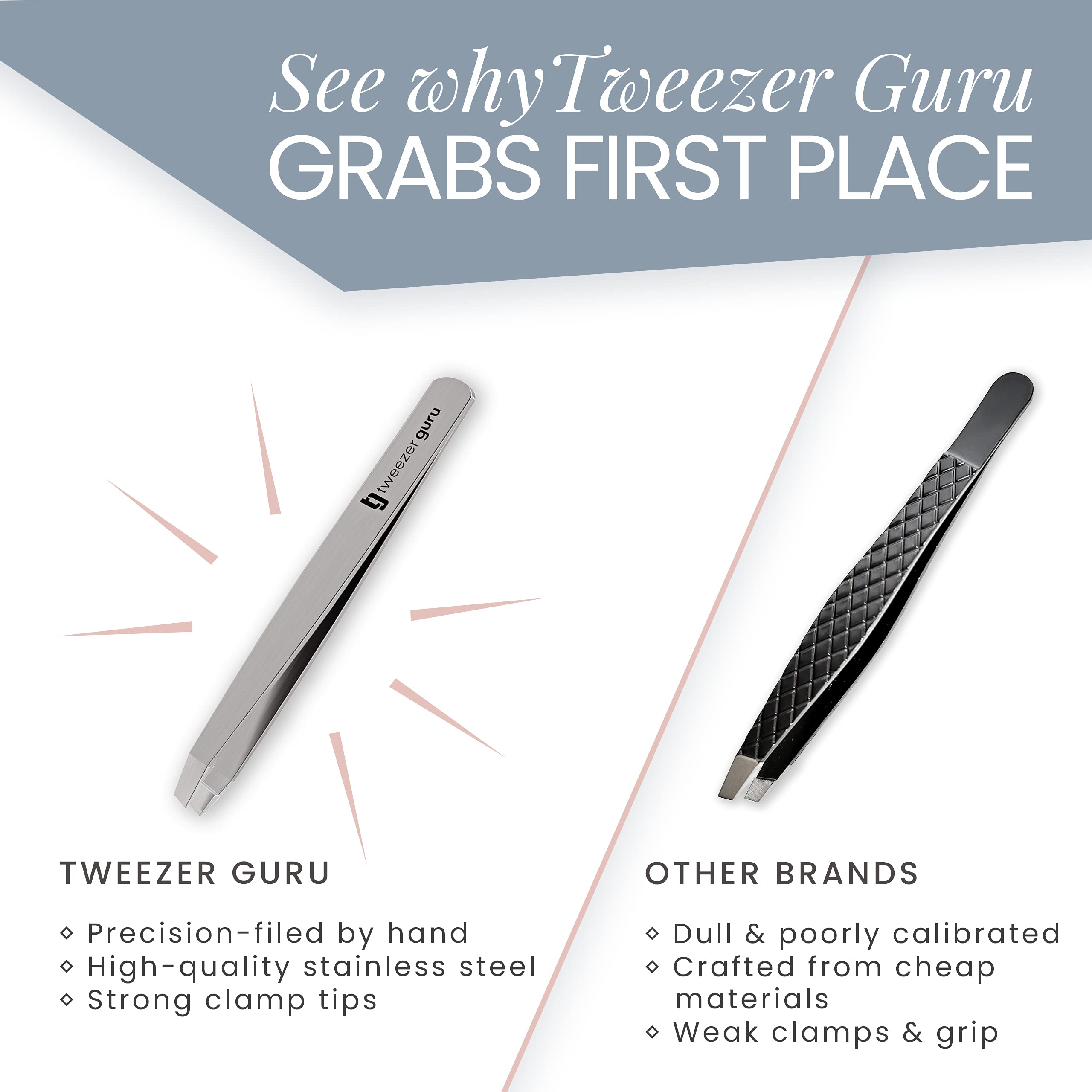 Tweezer Guru professional tweezers on vanity for quick grooming