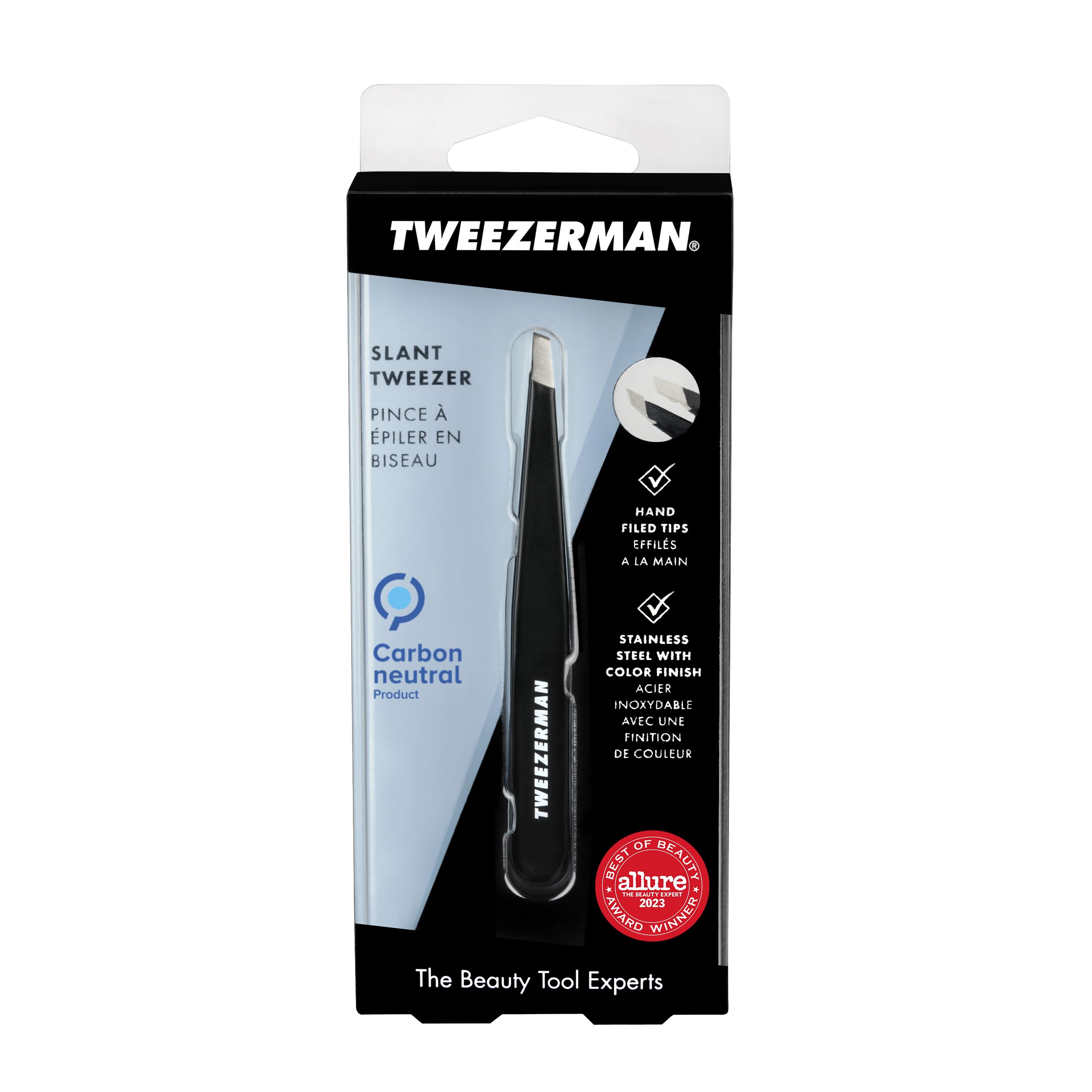 Tweezerman black stainless steel slant tweezer offers durable, smooth operation.