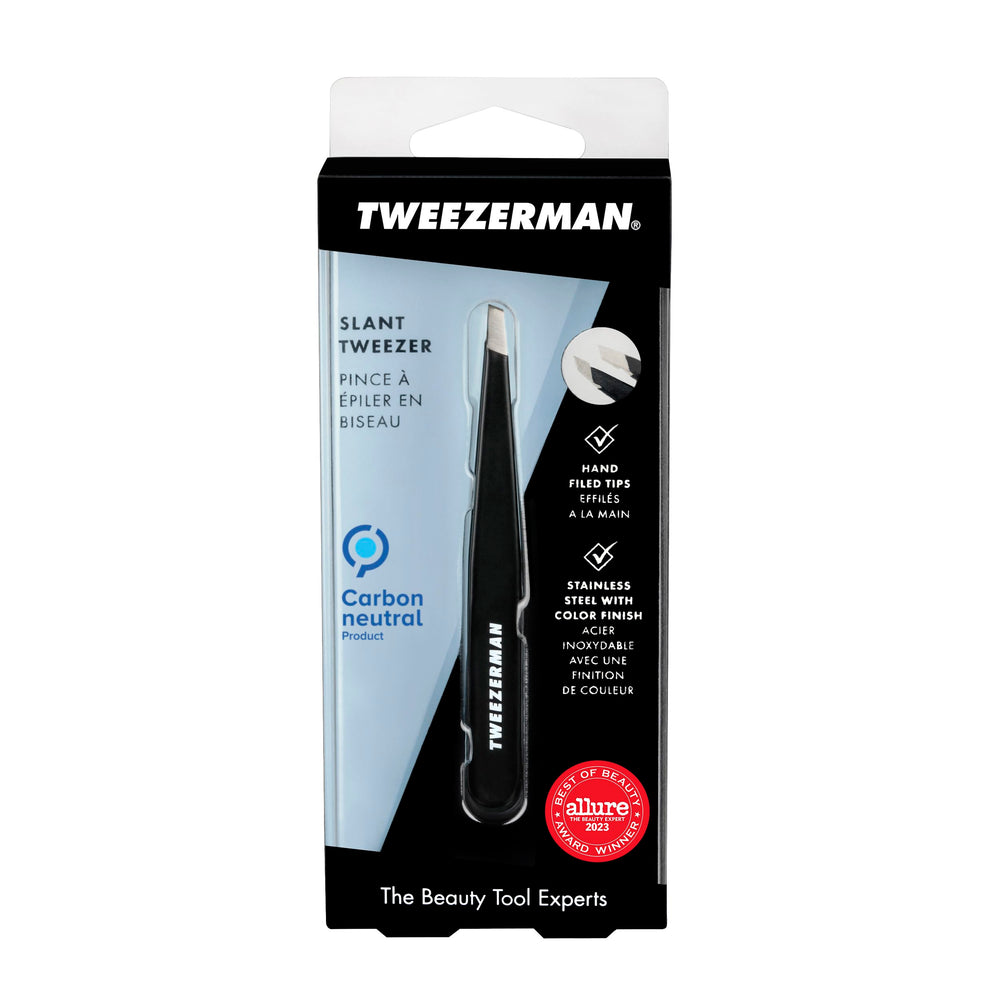 Tweezerman black stainless steel slant tweezer offers durable, smooth operation.
