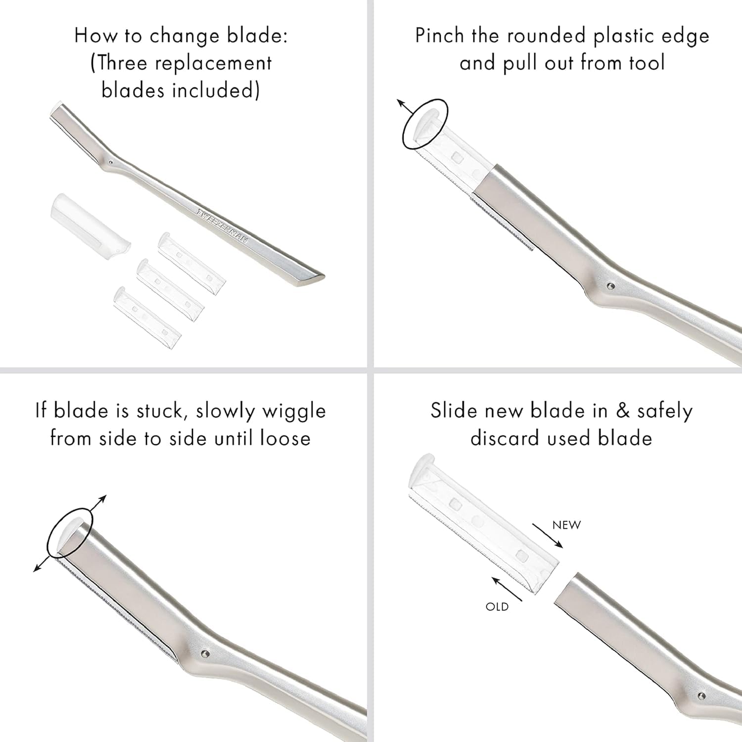 Tweezerman blades stainless steel durable blades for consistent gentle exfoliation.