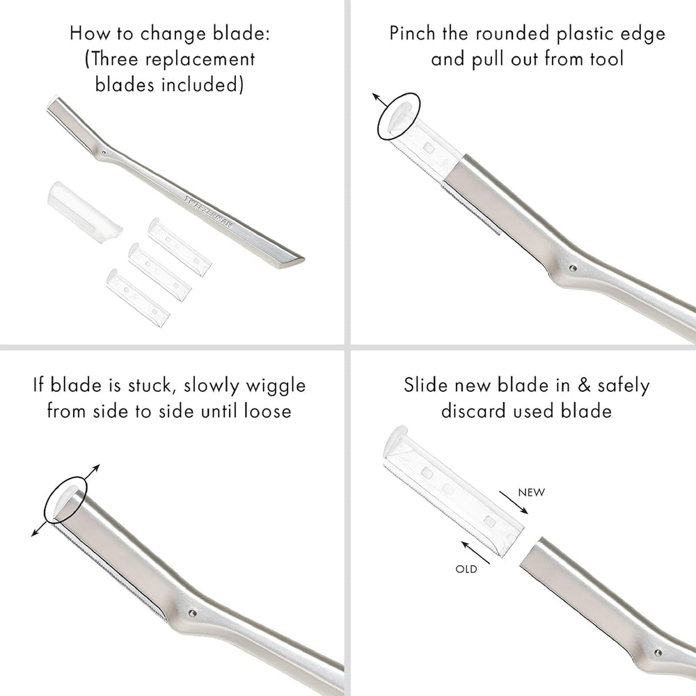 Tweezerman blades stainless steel durable blades for consistent gentle exfoliation.