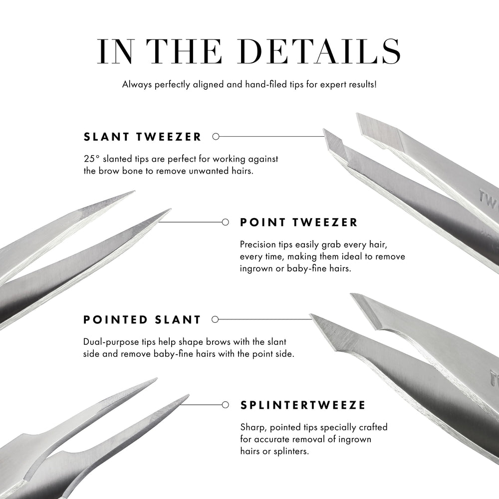 Tweezerman brow prep guidance with warm cloth enhances comfort before tweezing.