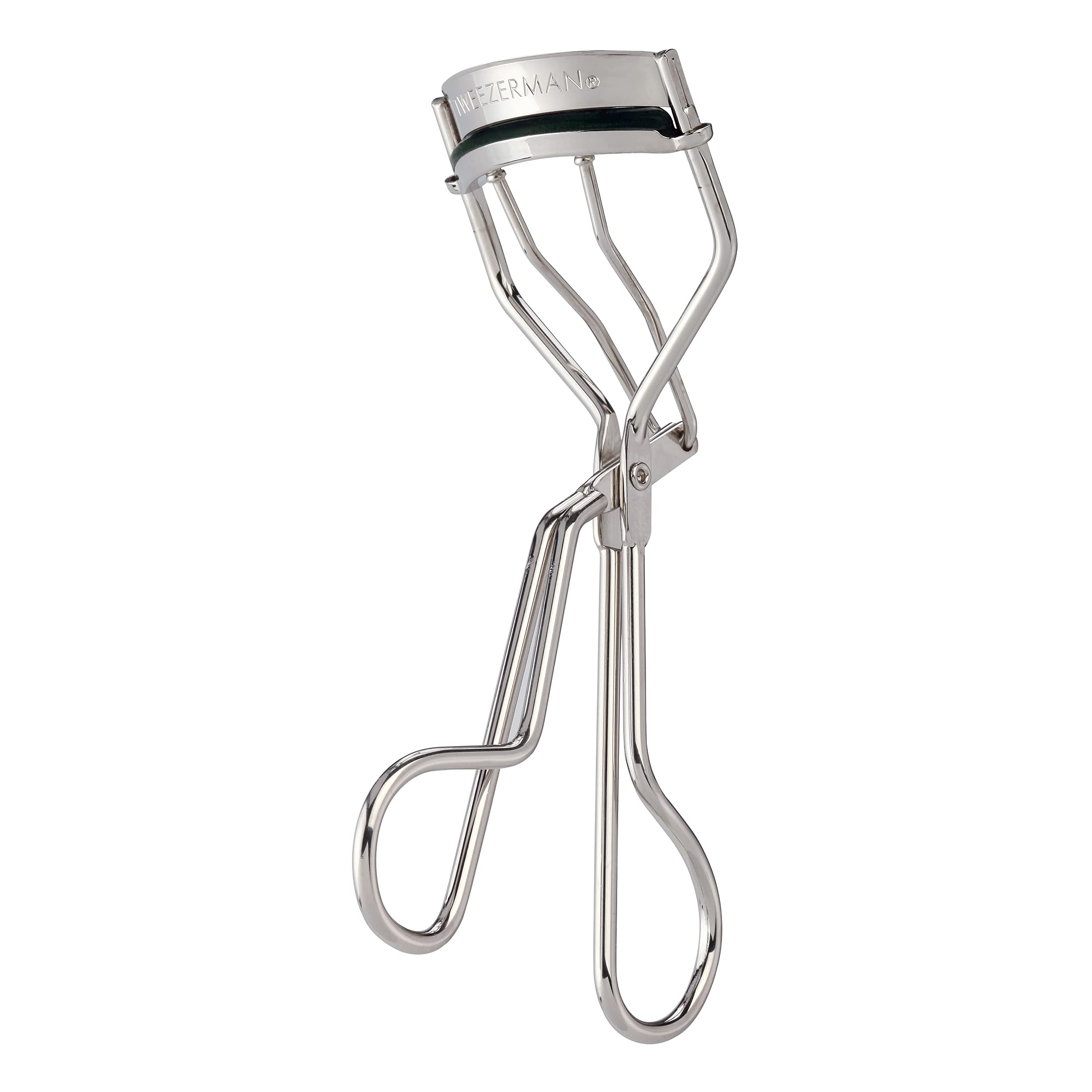 Tweezerman Classic Eyelash Curler closeup shows precise curl for a wide-awake look.