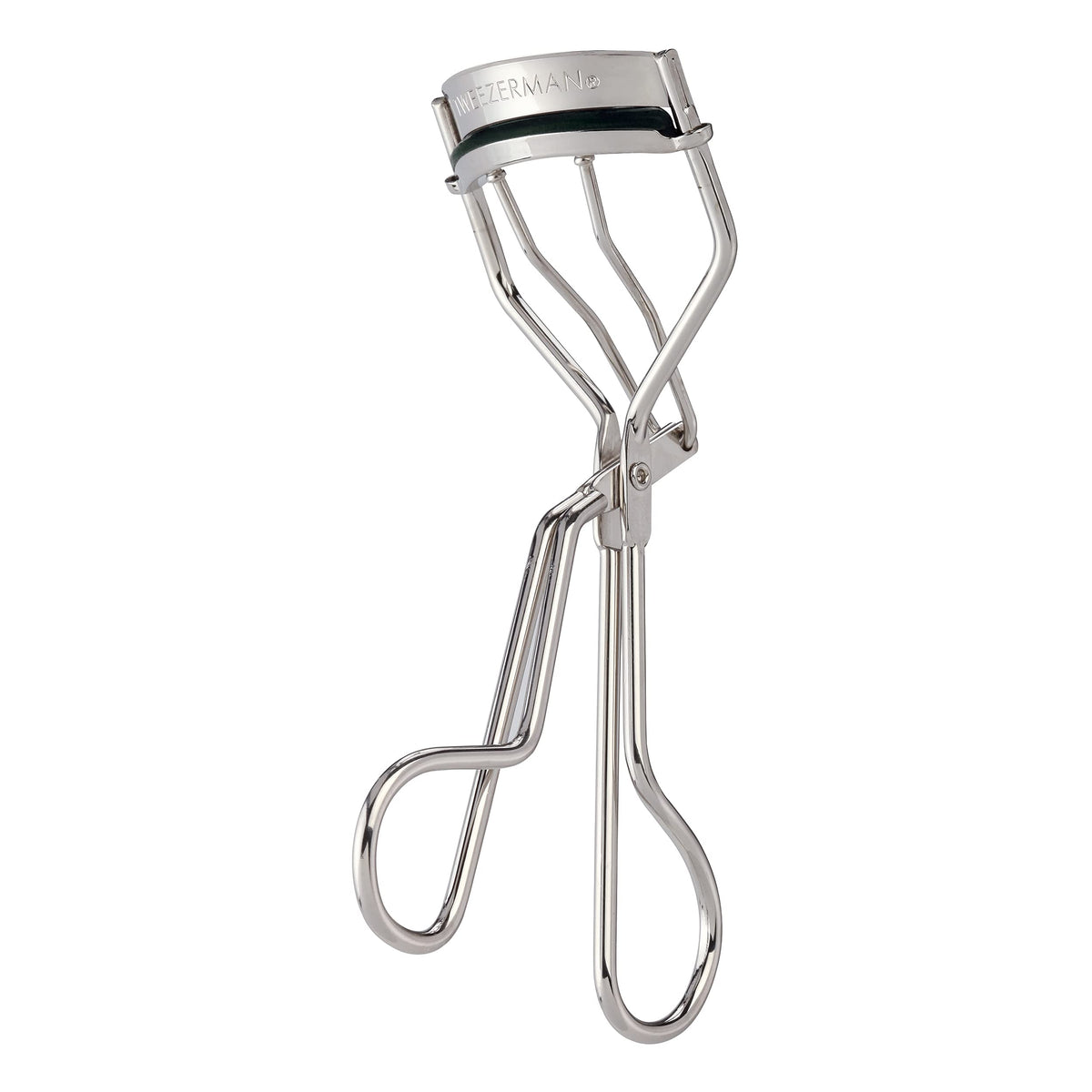 Tweezerman Classic Eyelash Curler closeup shows precise curl for a wide-awake look.