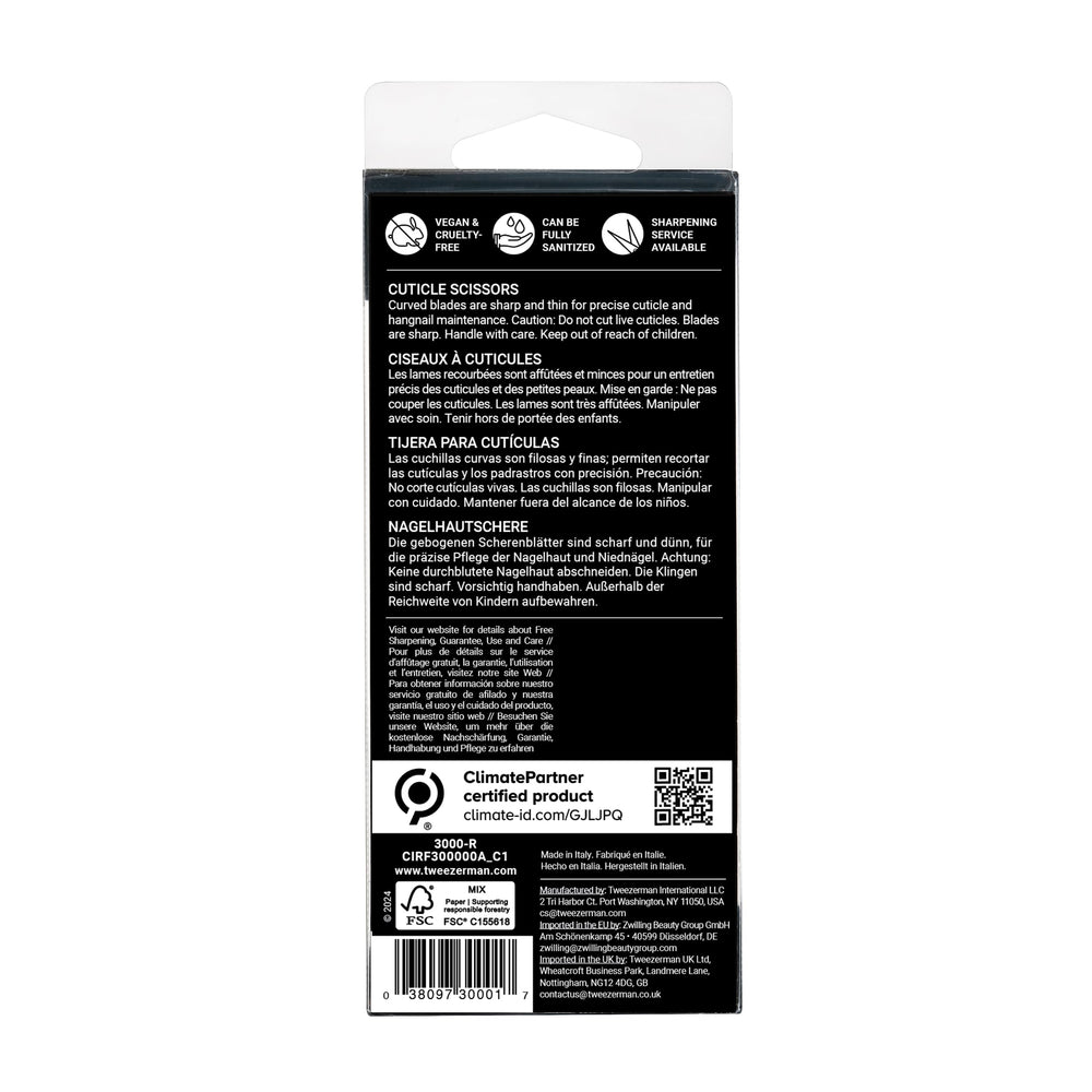 Tweezerman cuticle scissors packaging display suggests value and professional quality.