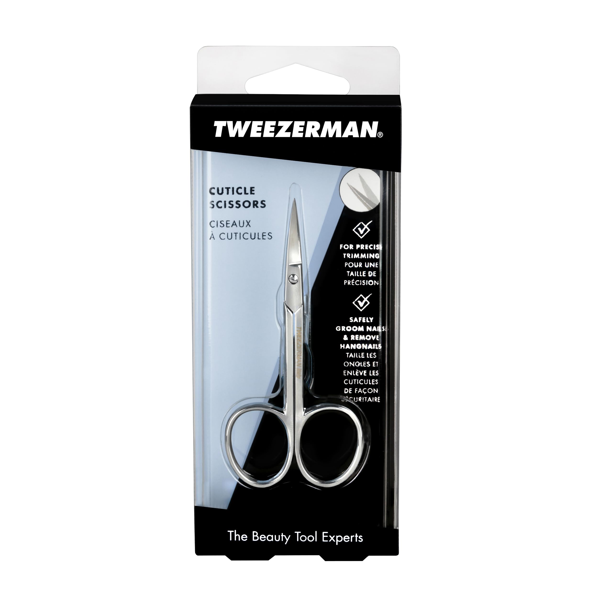 Tweezerman cuticle scissors trim action illustrating precise cuticle maintenance and safety.