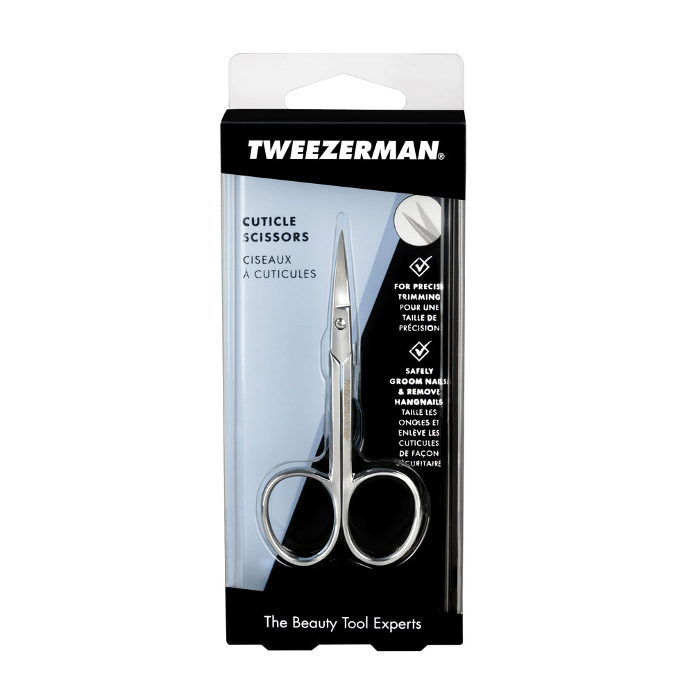 Tweezerman cuticle scissors trim action illustrating precise cuticle maintenance and safety.