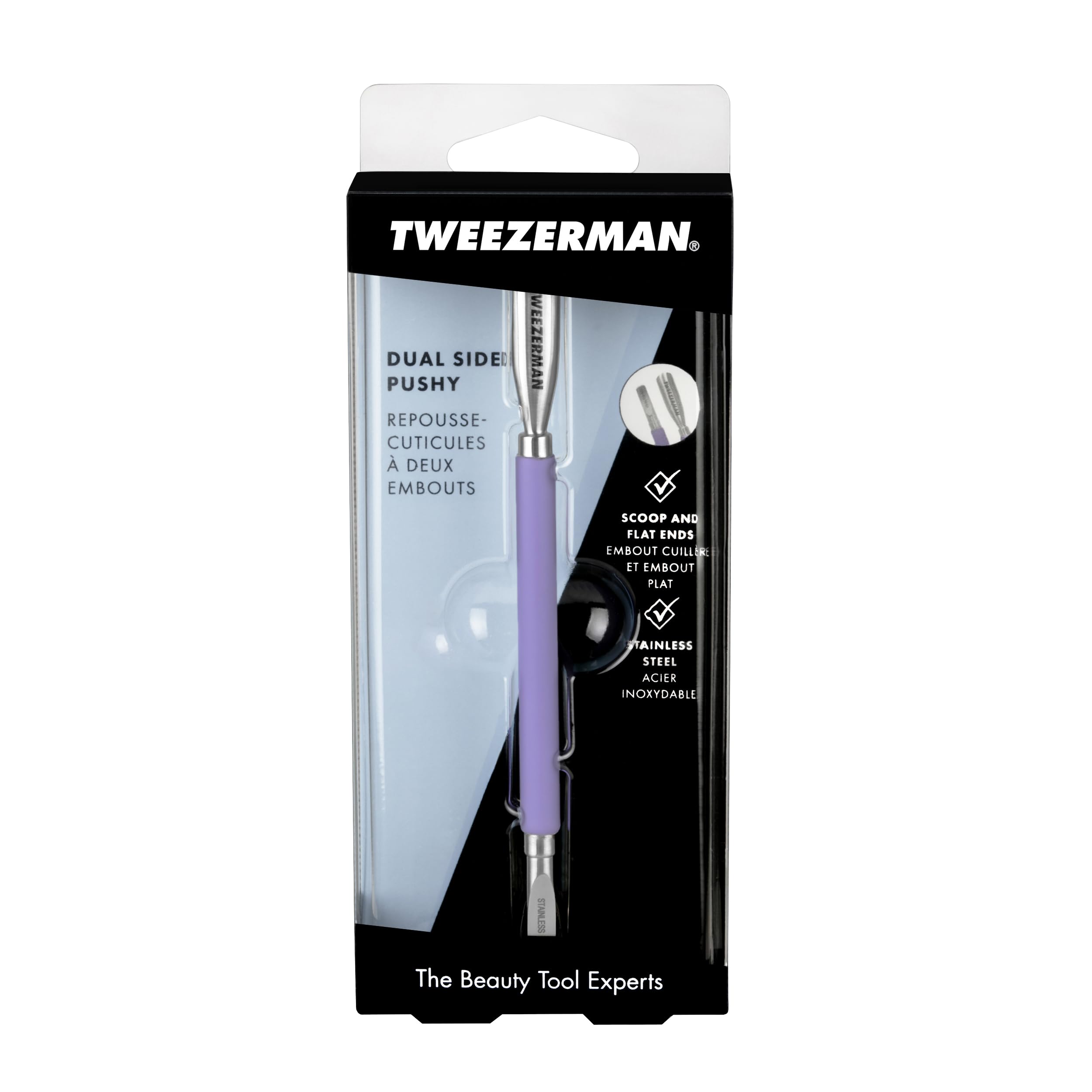 Tweezerman Dual Sided Pushy easy to clean with isopropyl alcohol after use.