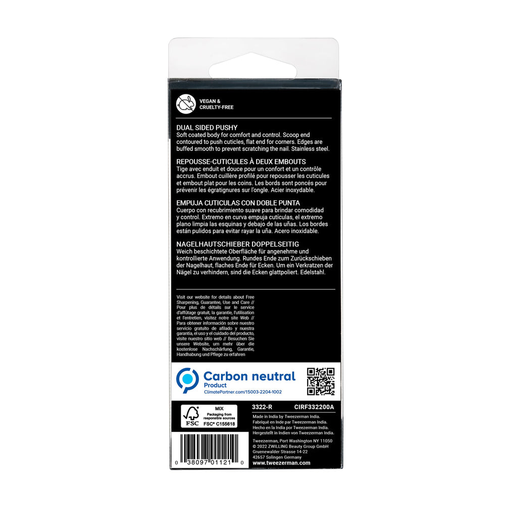 Tweezerman Dual Sided Pushy at-home manicure tool supports clean cuticle care.