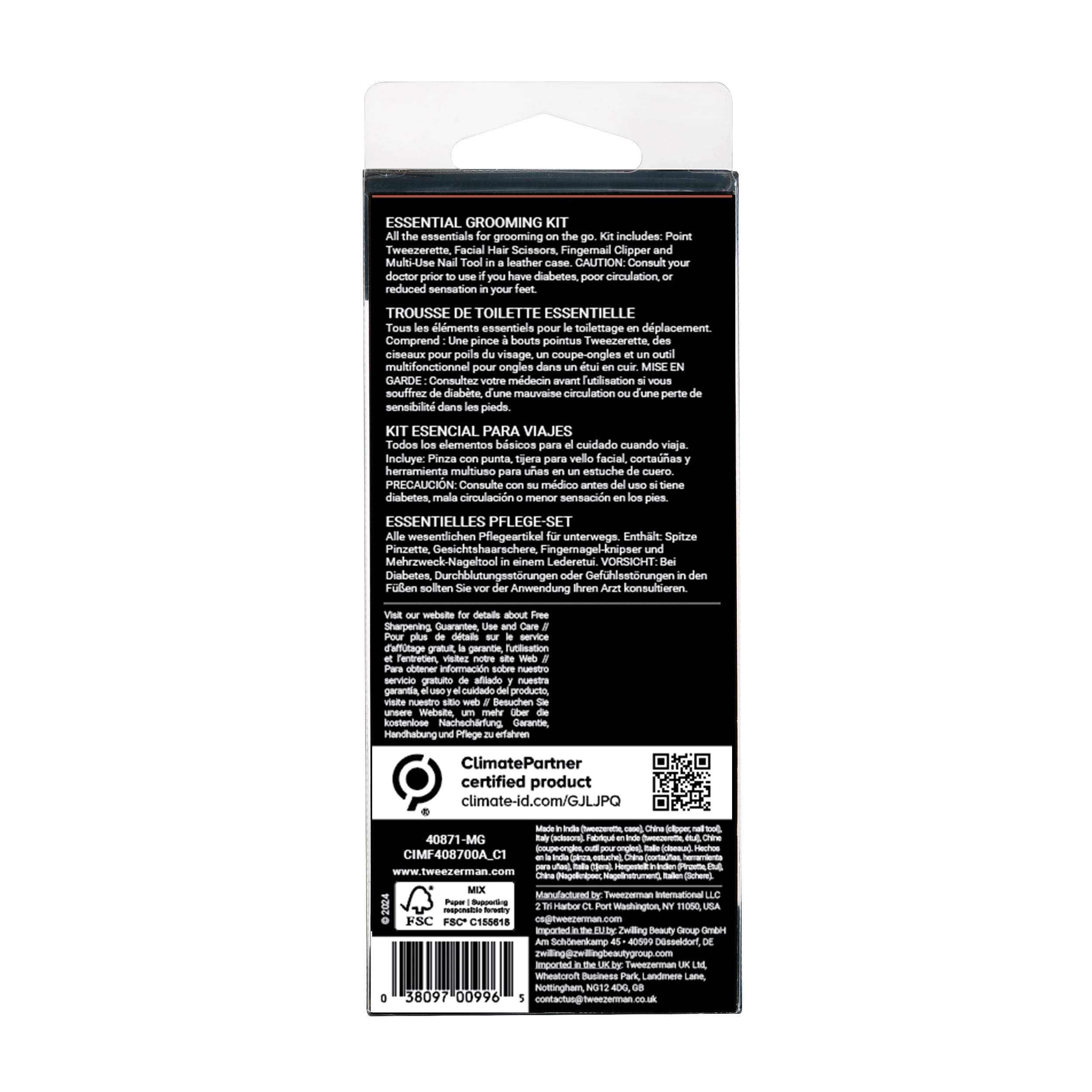 Tweezerman Essential Grooming Kit closeup-tool-tips emphasizes sharp precision.