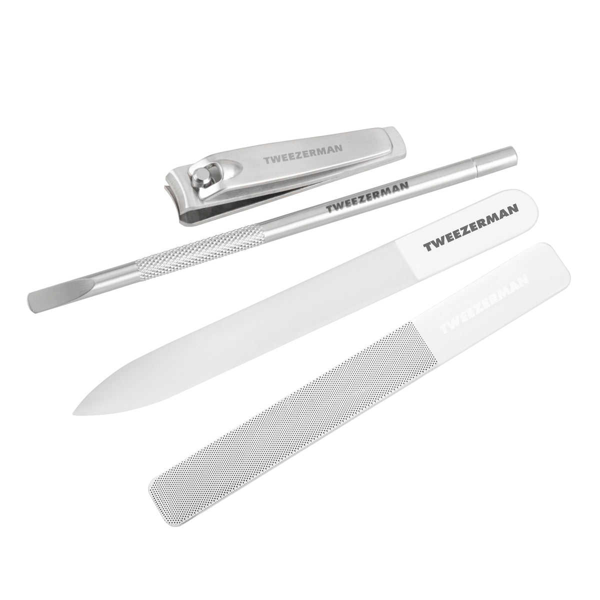 Tweezerman Glass Manicure Set cuticle pusher front view for precise cuticle work and nail prep.
