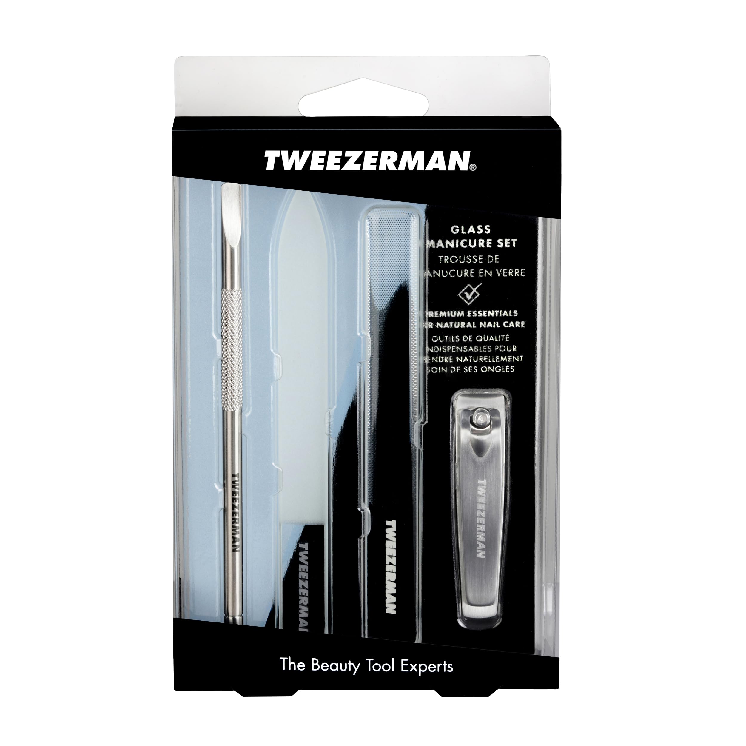 Tweezerman Glass Manicure Set alcohol cleaning keeps tools quick and hygienic.
