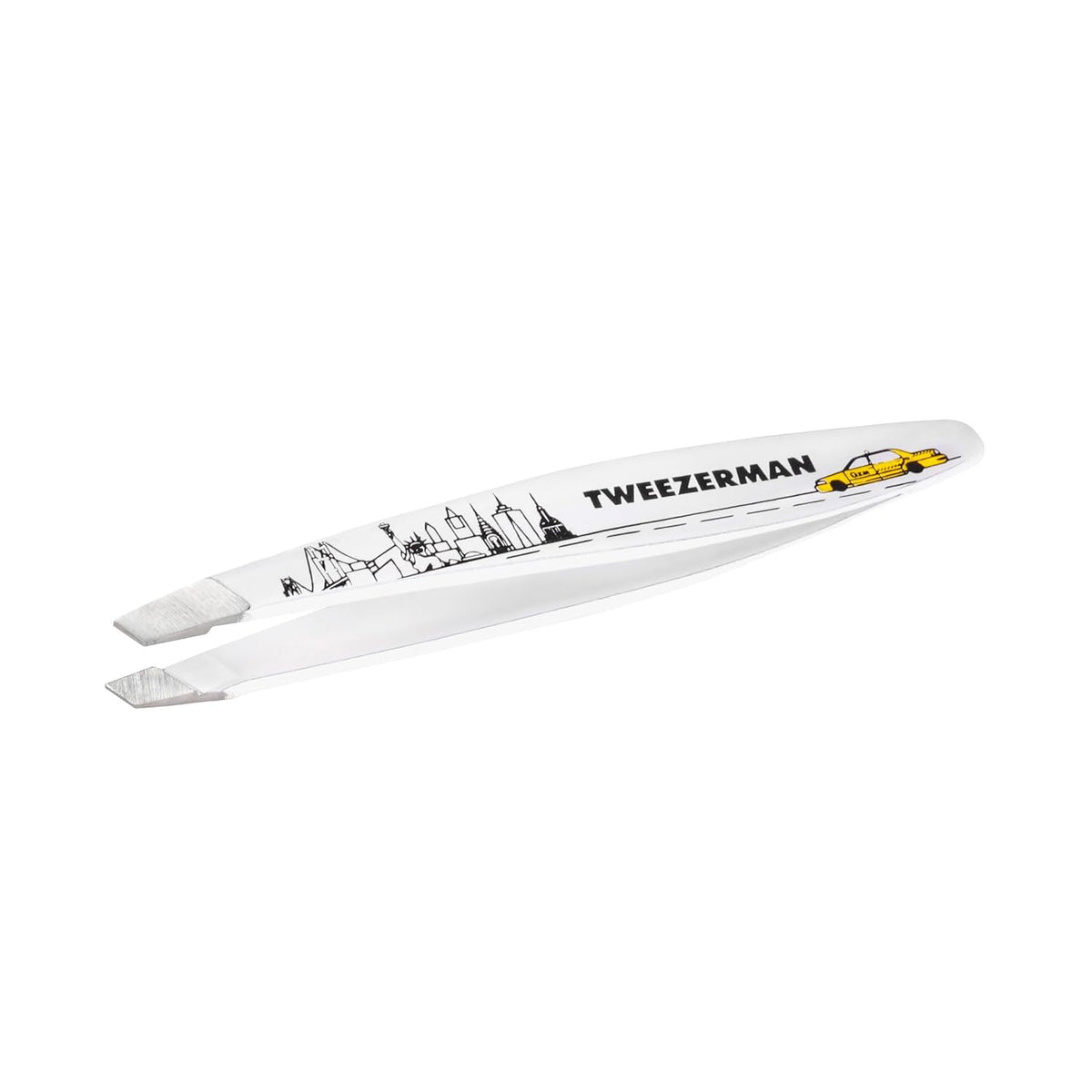Tweezerman NYC Mini Slant Tweezer tips close-up for precise brow shaping and hair removal.