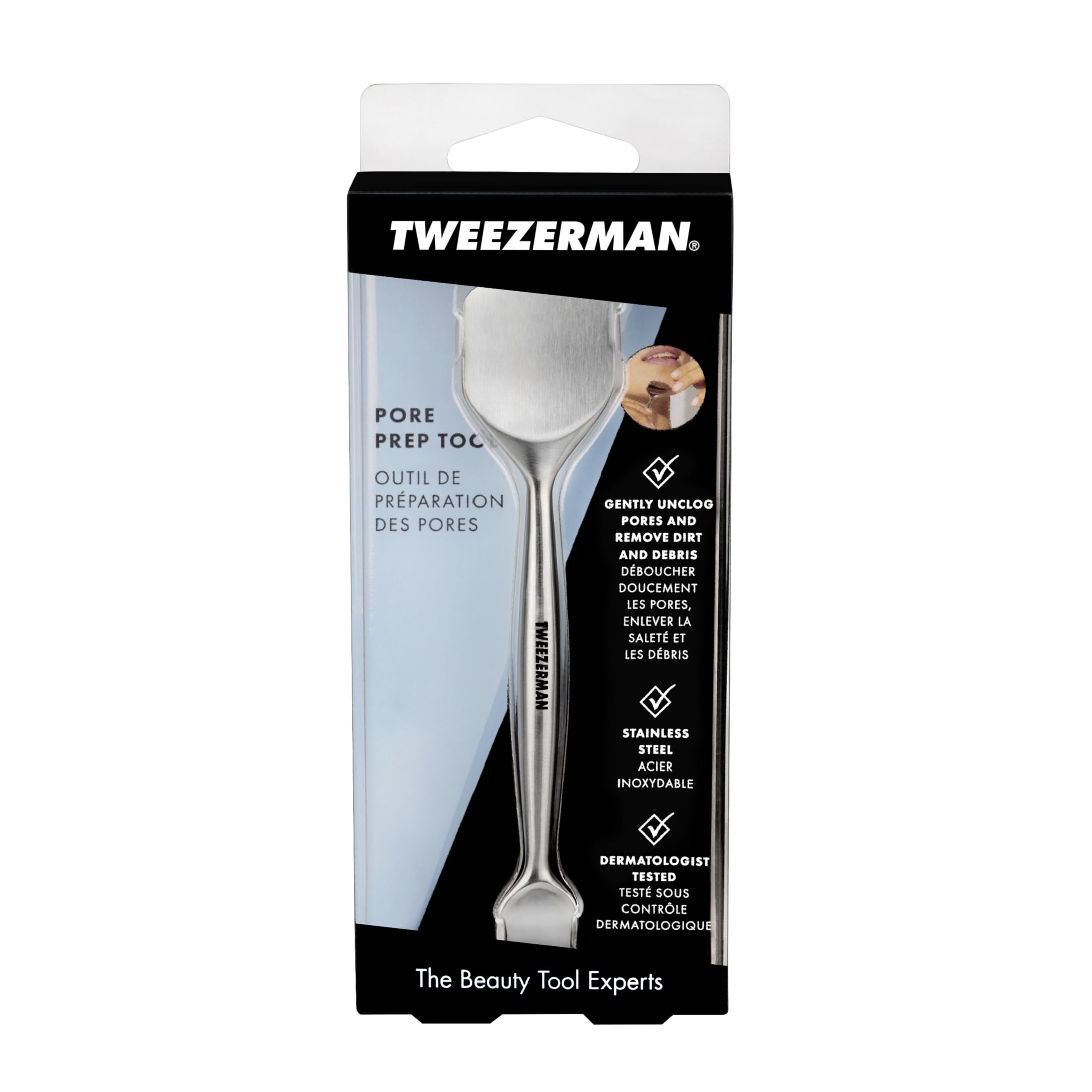 Tweezerman Pore Prep Tool packaging box on display for purchase.