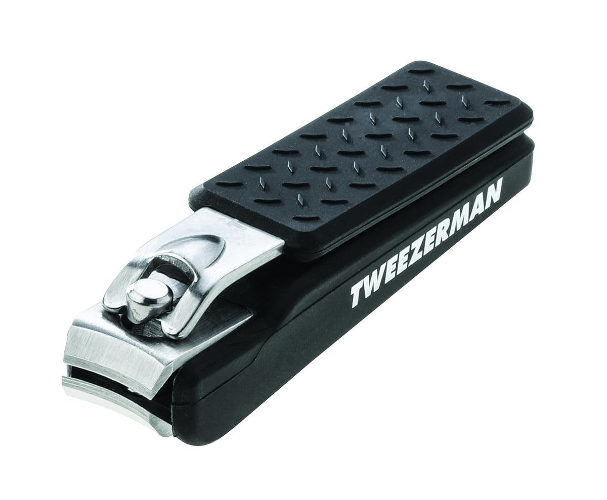 Tweezerman Precision Grip Fingernail Clipper in black shows curved blades for precise trims.