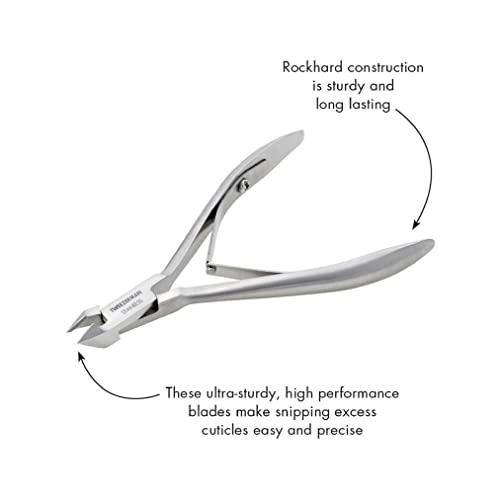 Tweezerman Rockhard Cuticle Nipper in hand demonstrates ergonomic grip for easy mani-pedis.