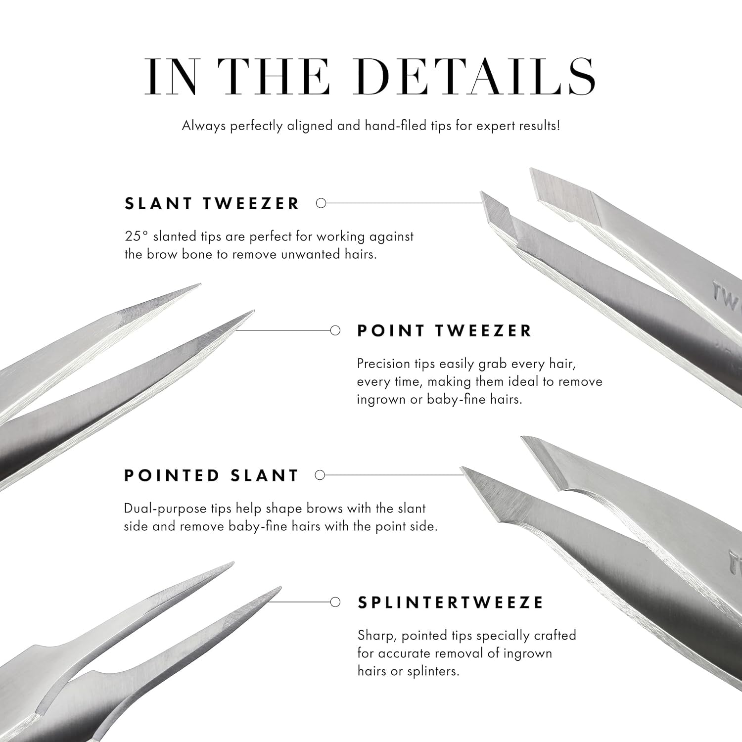 Tweezerman Rose Gold Mini Slant Tweezer rose-gold finish adds elegant premium look.