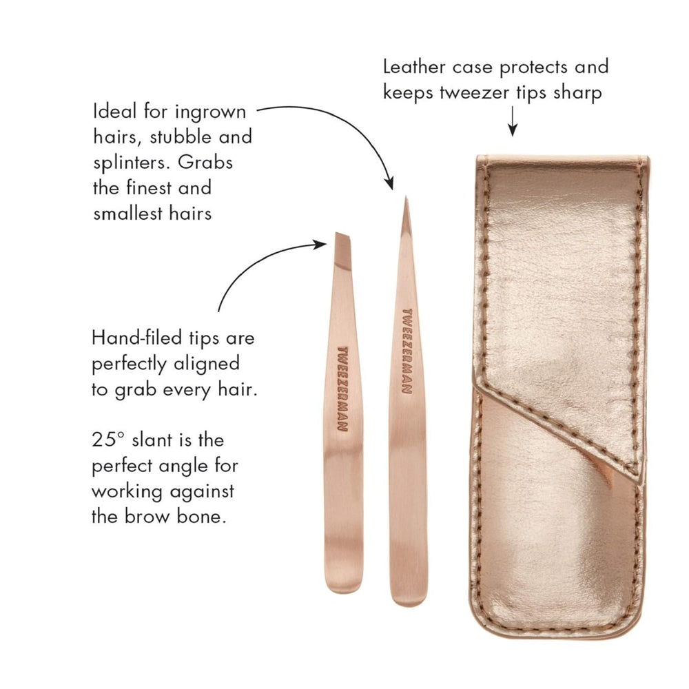 Tweezerman Rose Gold Tweezers in use for grooming on the go.