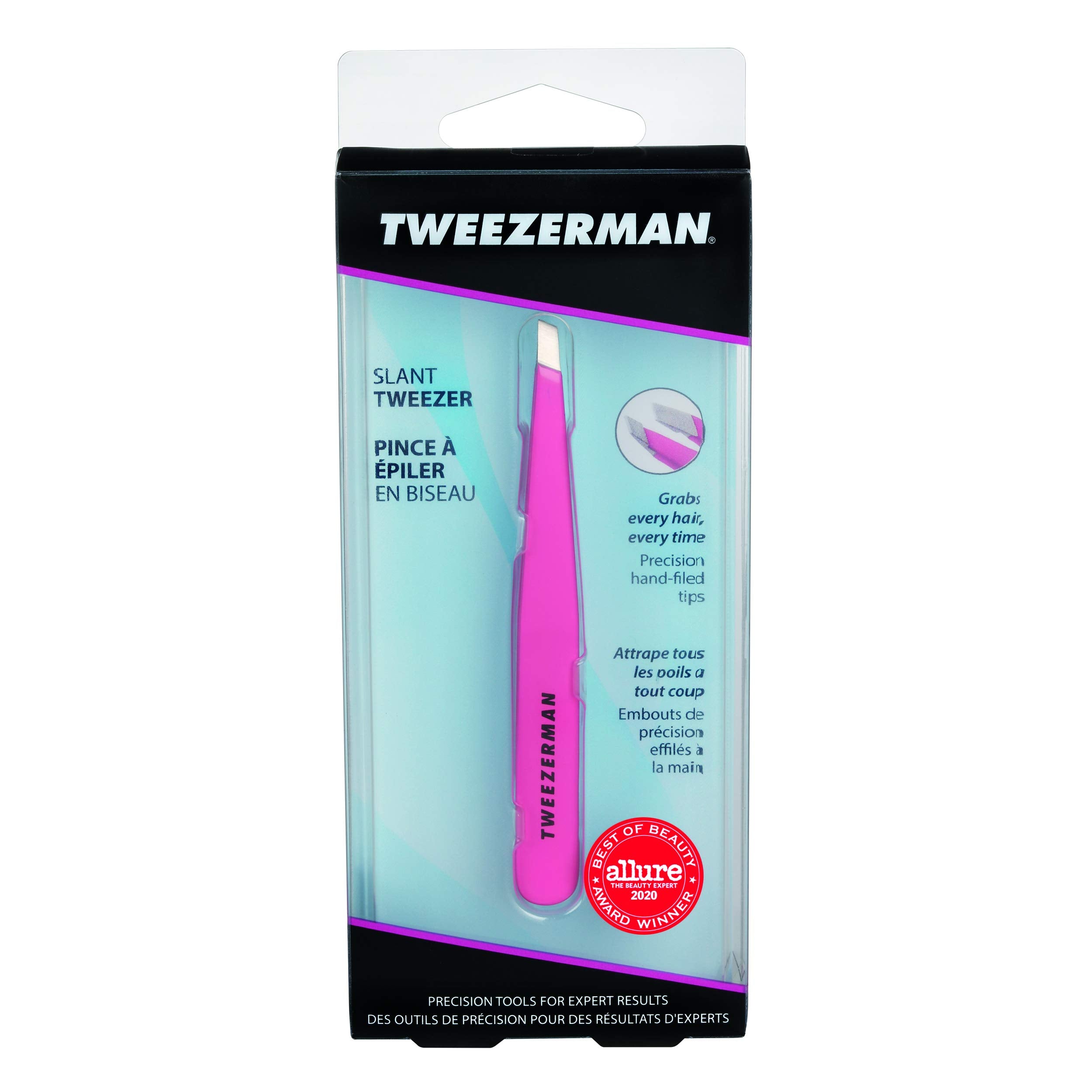 Tweezerman Slant Tweezer award-winning design showcased in close-up.