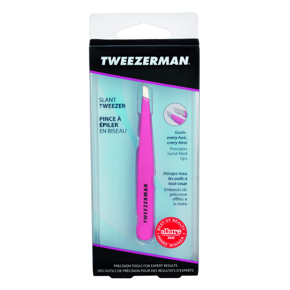 Tweezerman Slant Tweezer award-winning design showcased in close-up.