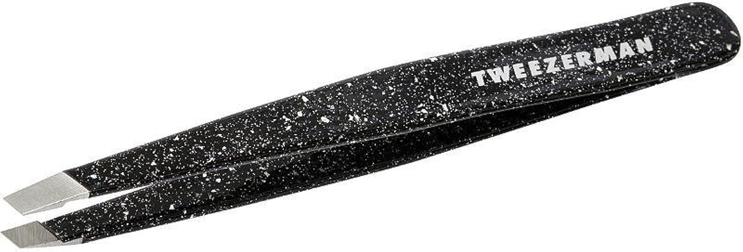 Tweezerman Special Edition 40th Anniversary Slant Tweezer closeup showing precision tips for hair removal