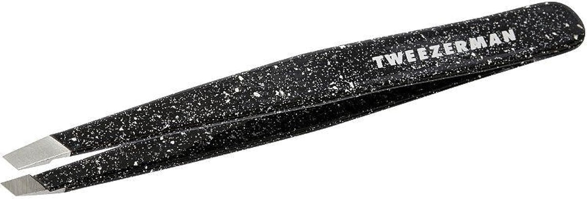 Tweezerman Special Edition 40th Anniversary Slant Tweezer closeup showing precision tips for hair removal