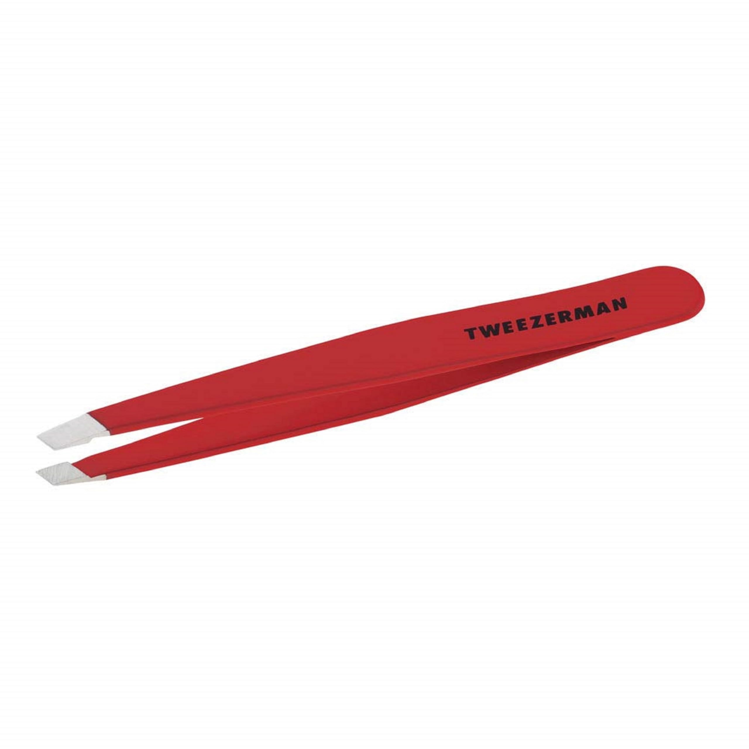 Tweezerman stainless steel slant tweezer brand closeup shows precision grooming.