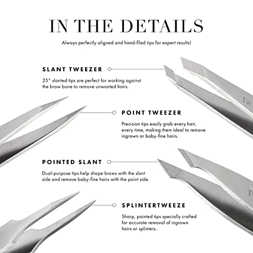 Tweezerman stainless steel slant tweezer hand-filed tips ensure even hair removal.