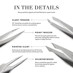 Tweezerman stainless steel slant tweezer hand-filed tips ensure even hair removal.