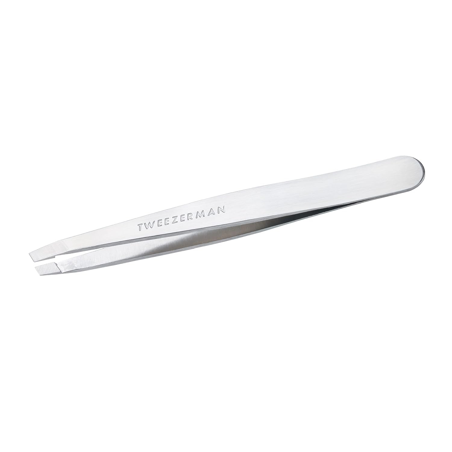 Tweezerman stainless steel slant tweezer angled for precise brow shaping.