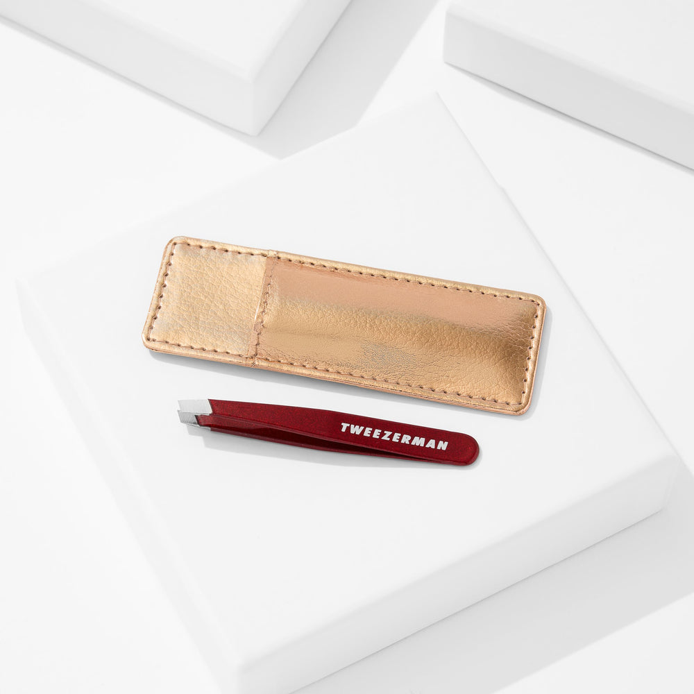 Tweezerman Vintage Rose 25-degree tip for brow bone access.