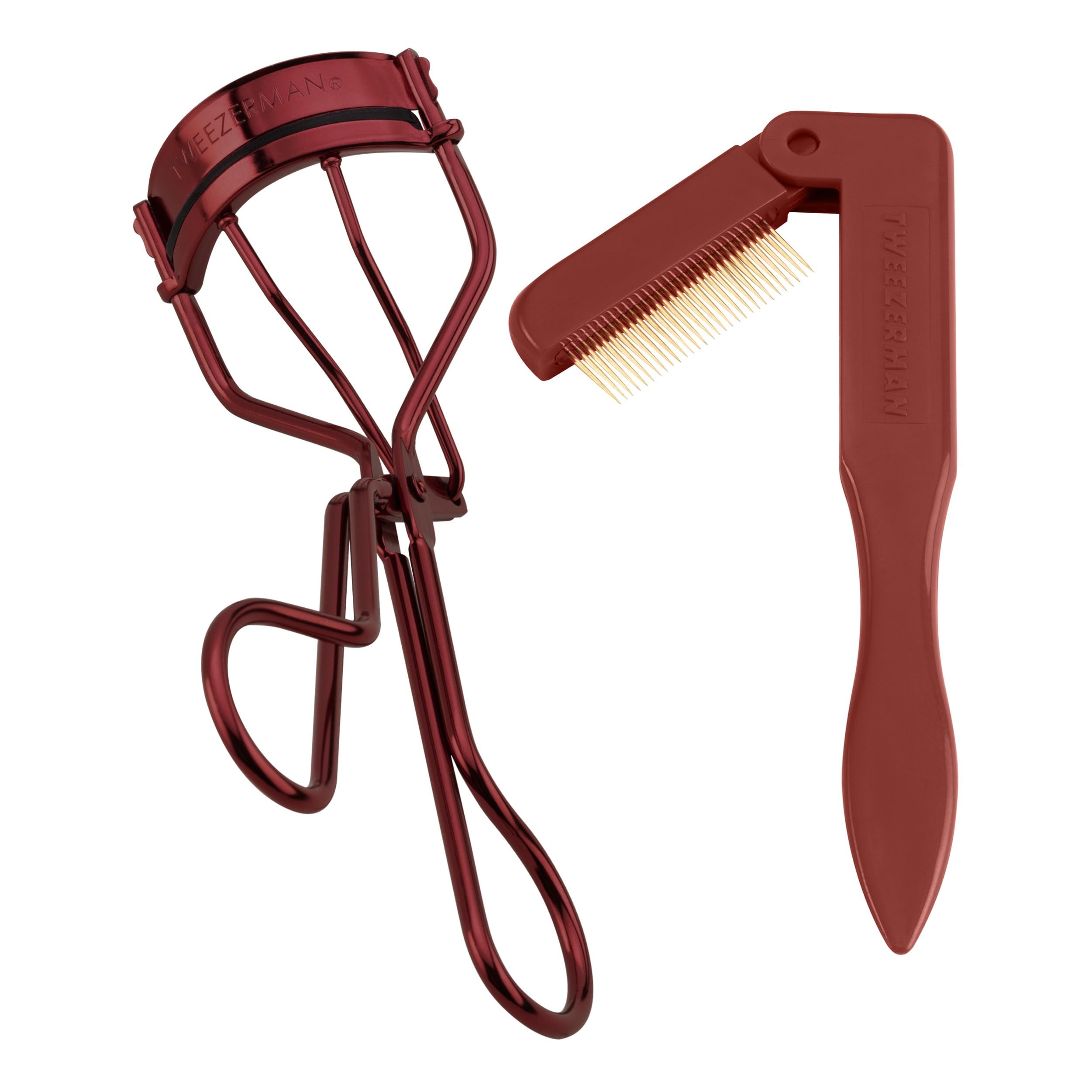 Tweezerman Vintage Rose iLashcomb close-up highlighting gold teeth for lash definition.