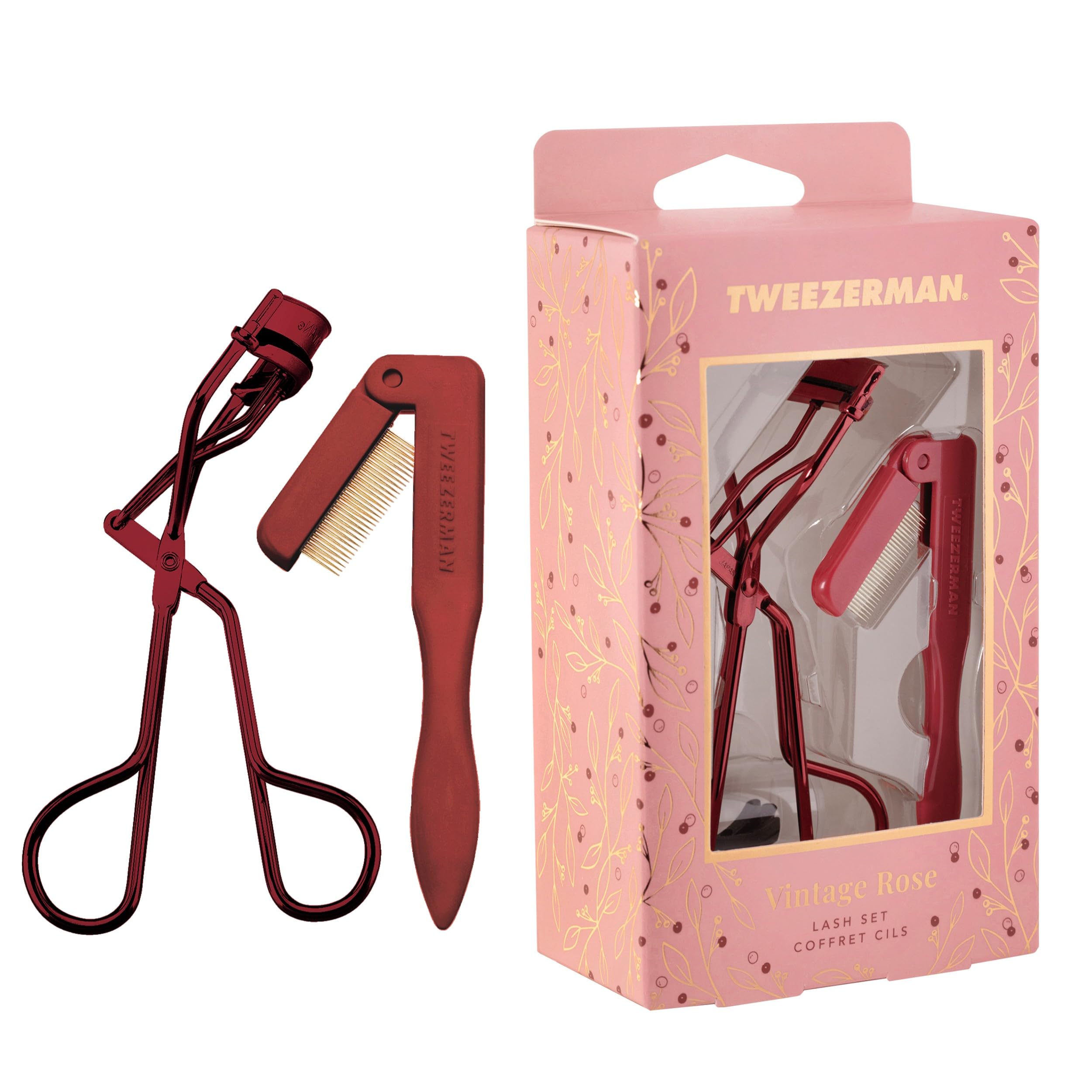 Tweezerman Vintage Rose Lash Curler close-up showing ergonomic handle for precise curling.