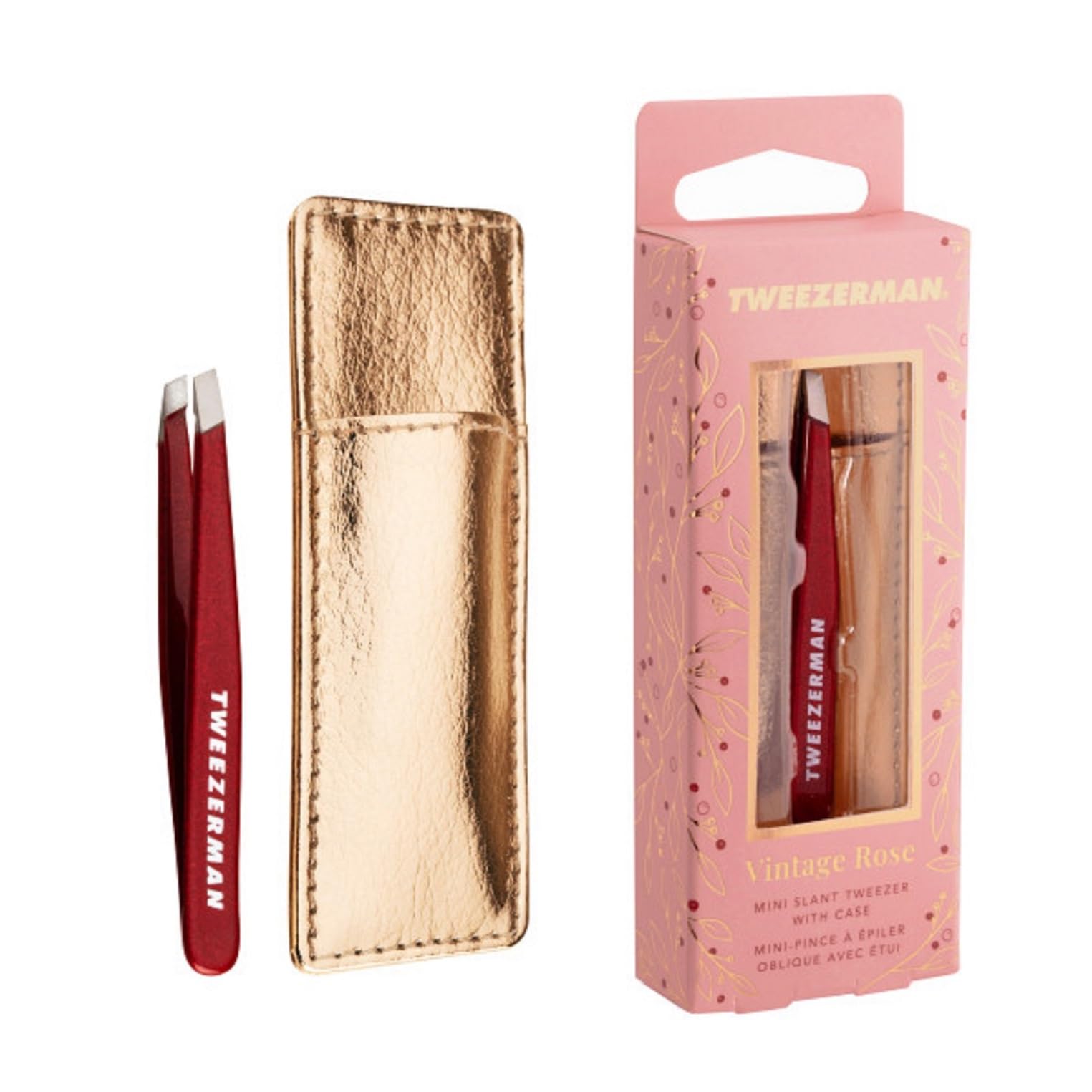 Tweezerman Vintage Rose Mini Slant Tweezer with Case, travel-ready storage.