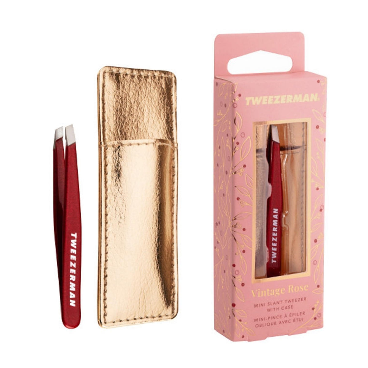Tweezerman Vintage Rose Mini Slant Tweezer with Case, travel-ready storage.