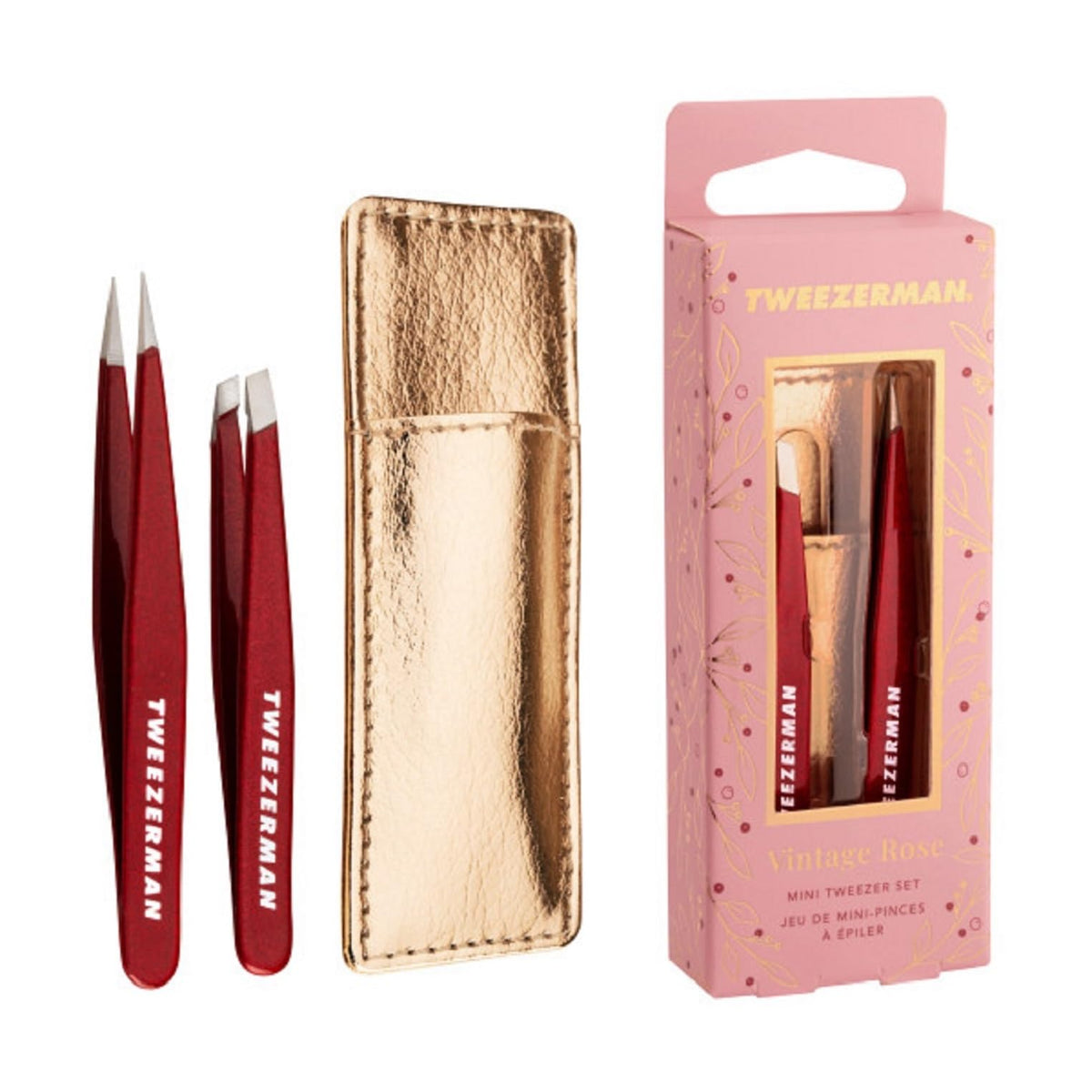 Tweezerman Vintage Rose mini tweezer set with case, portable storage for tidy grooming on the go