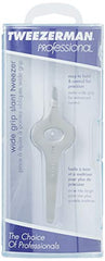 Tweezerman Wide Grip Slant Tweezer hand grip demonstrates ergonomic handling for steady tweezing.