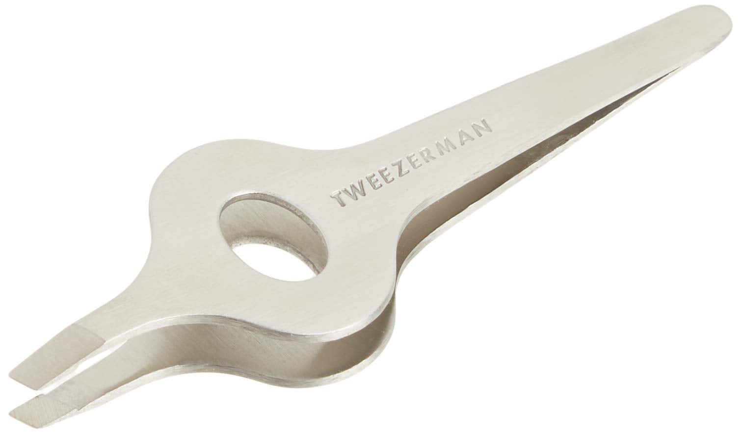 Tweezerman Wide Grip Slant Tweezer top view shows precise alignment for clean brow shaping.