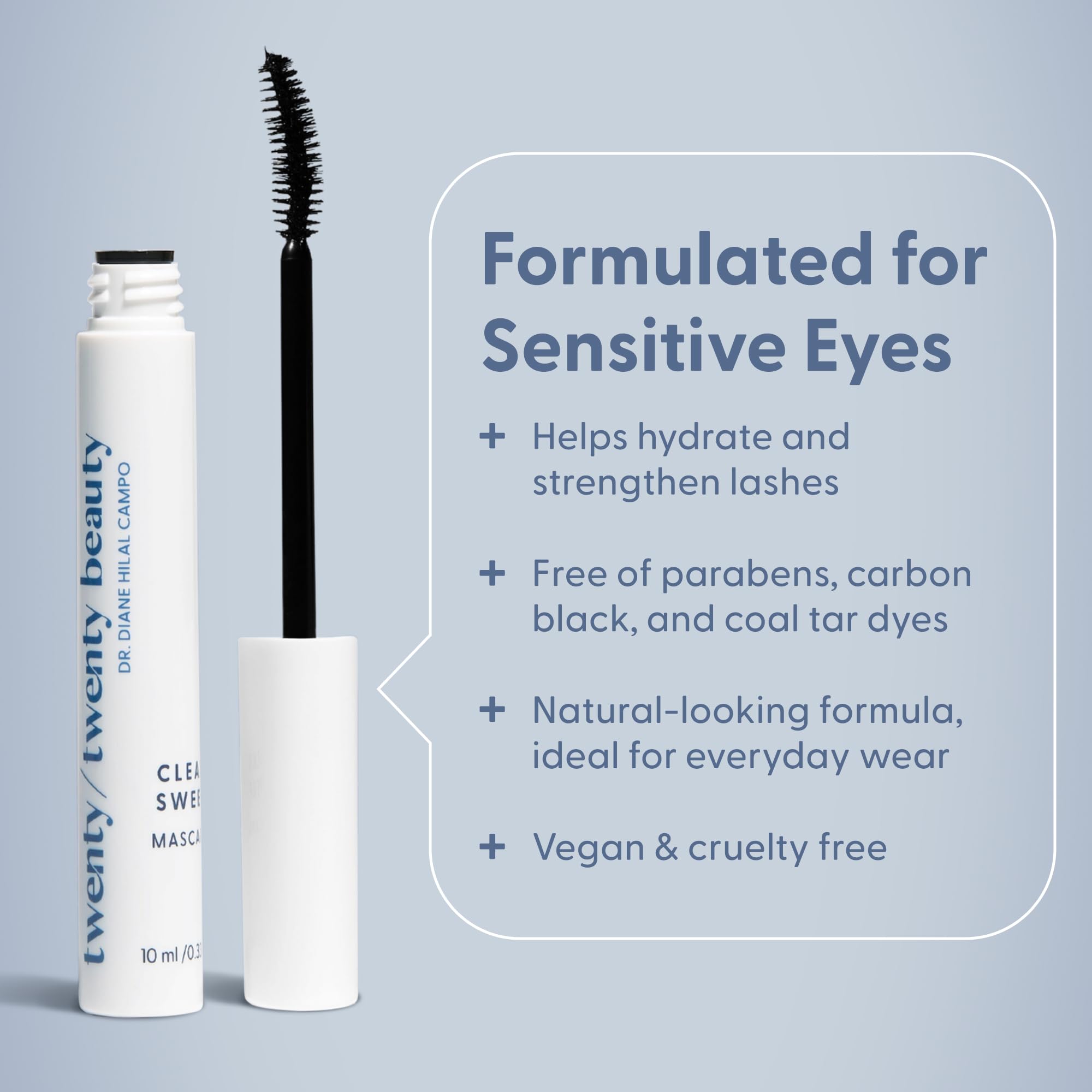 Twenty/Twenty Clean Sweep Mascara brush detail shows smooth application for sensitive lashes