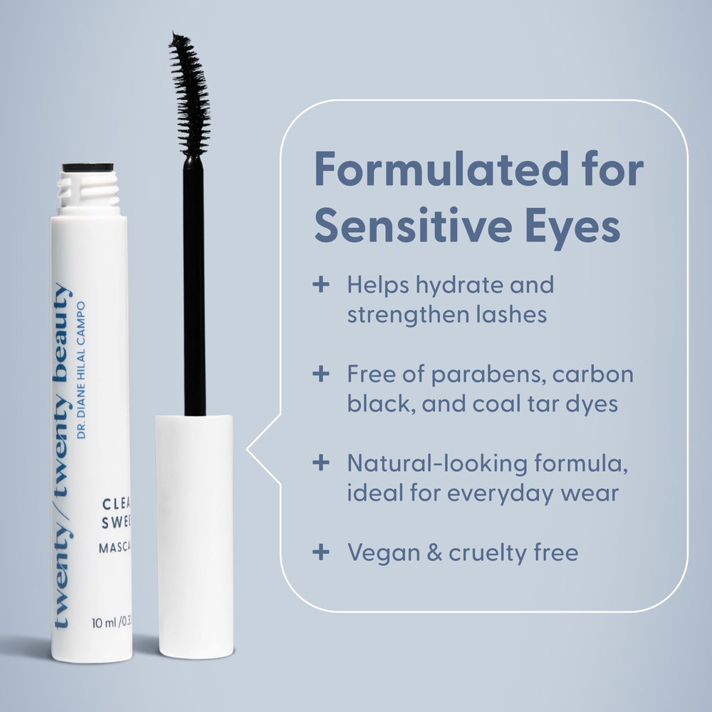 Twenty/Twenty Clean Sweep Mascara brush detail shows smooth application for sensitive lashes