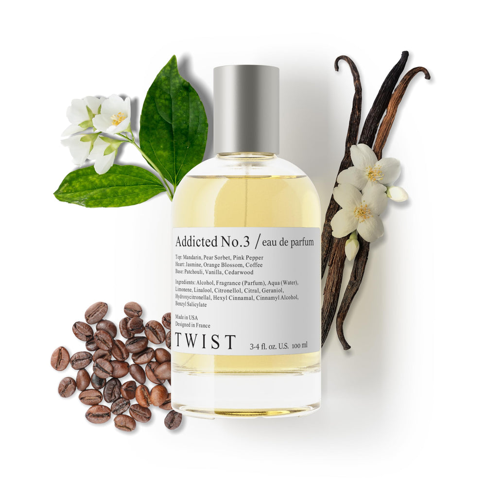 Twist Addicted No. 3 bottle front—amber-vanilla scent ideal for daily wear.