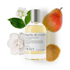 Twist Floral No. 40 bottle highlights pear blossom top notes for fresh scent.
