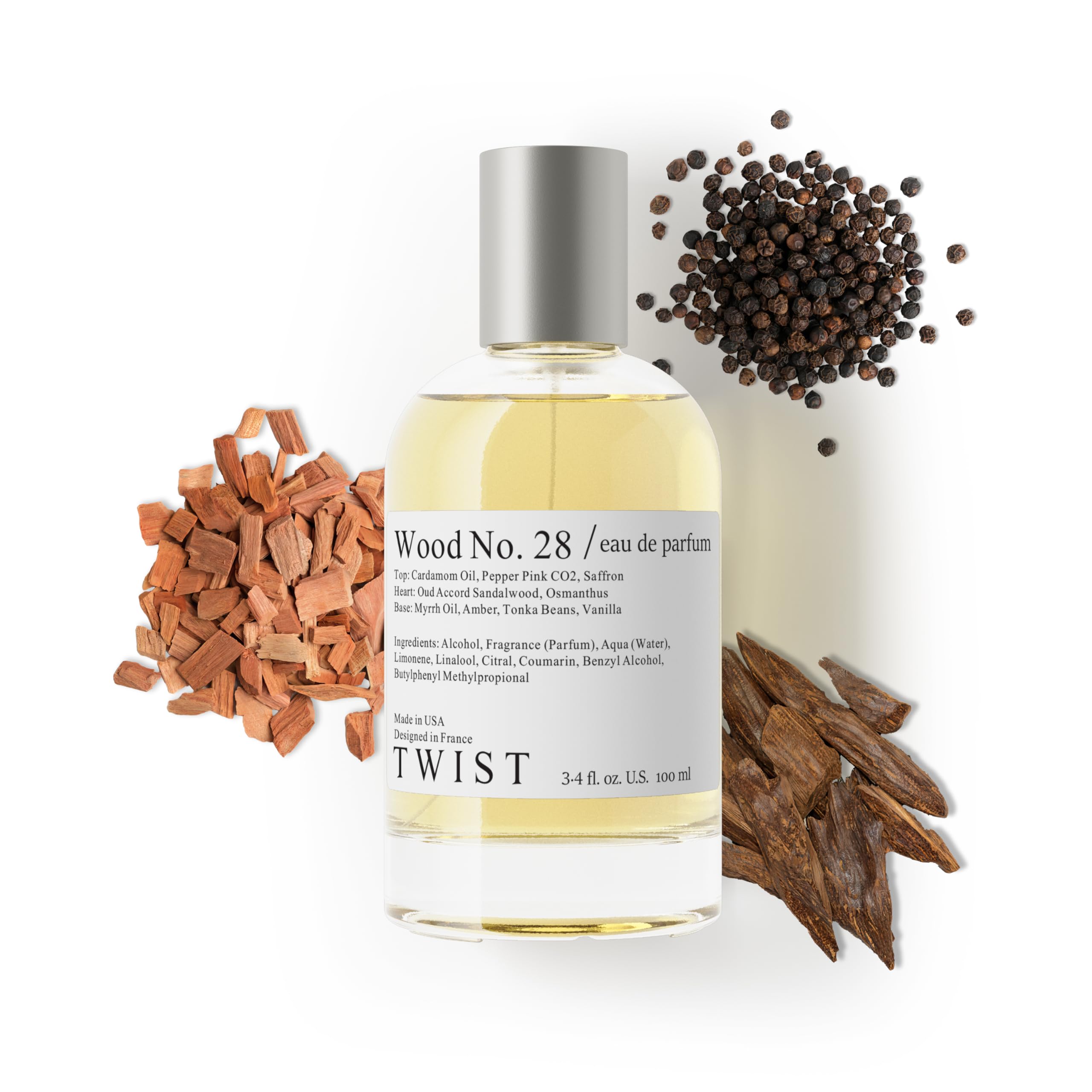 Twist Wood No. 28 bottle front showing unisex fragrance with long-lasting feel